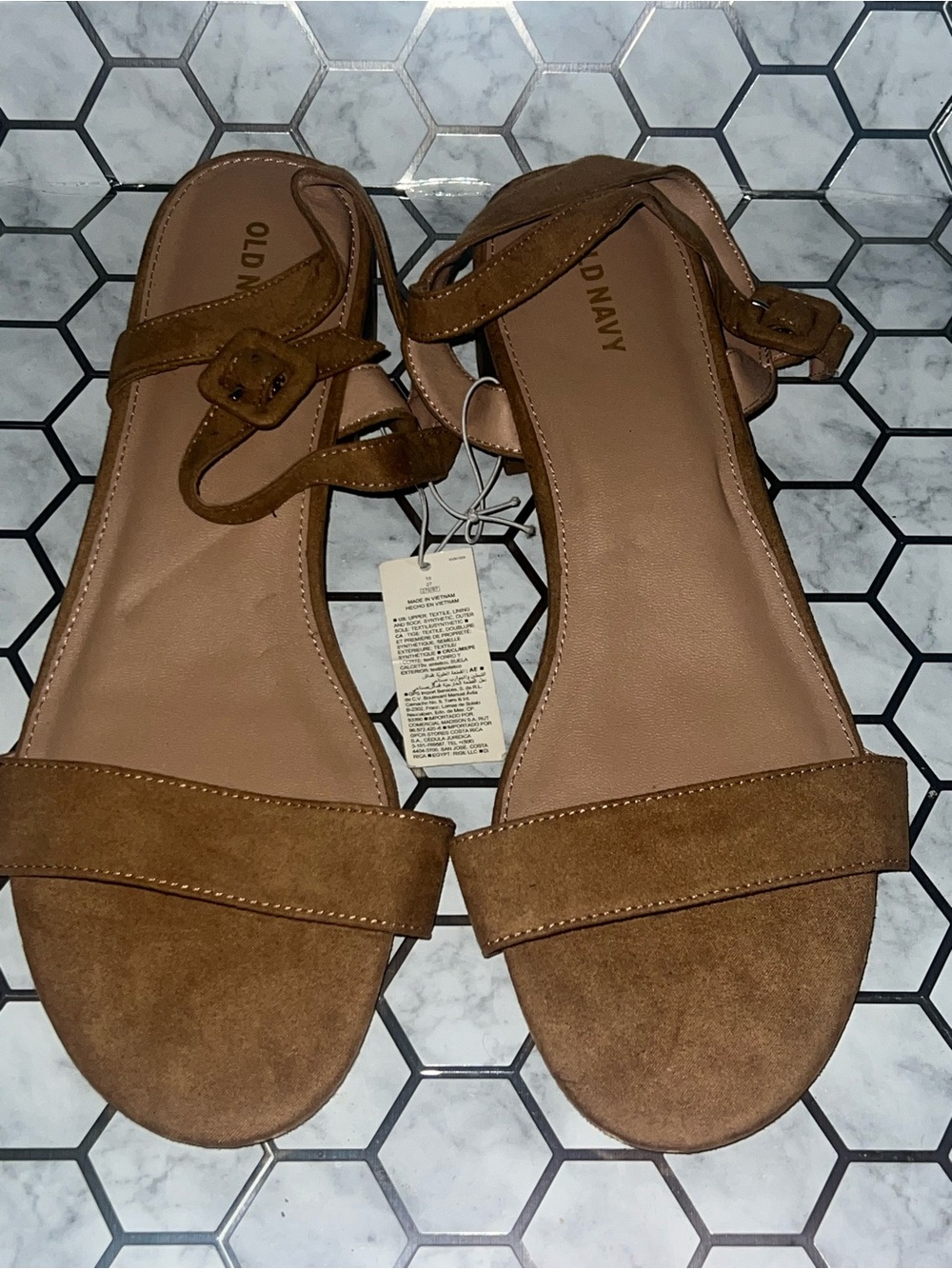 Old Navy Cognac Suede block heel Strappy Ankle Sandals